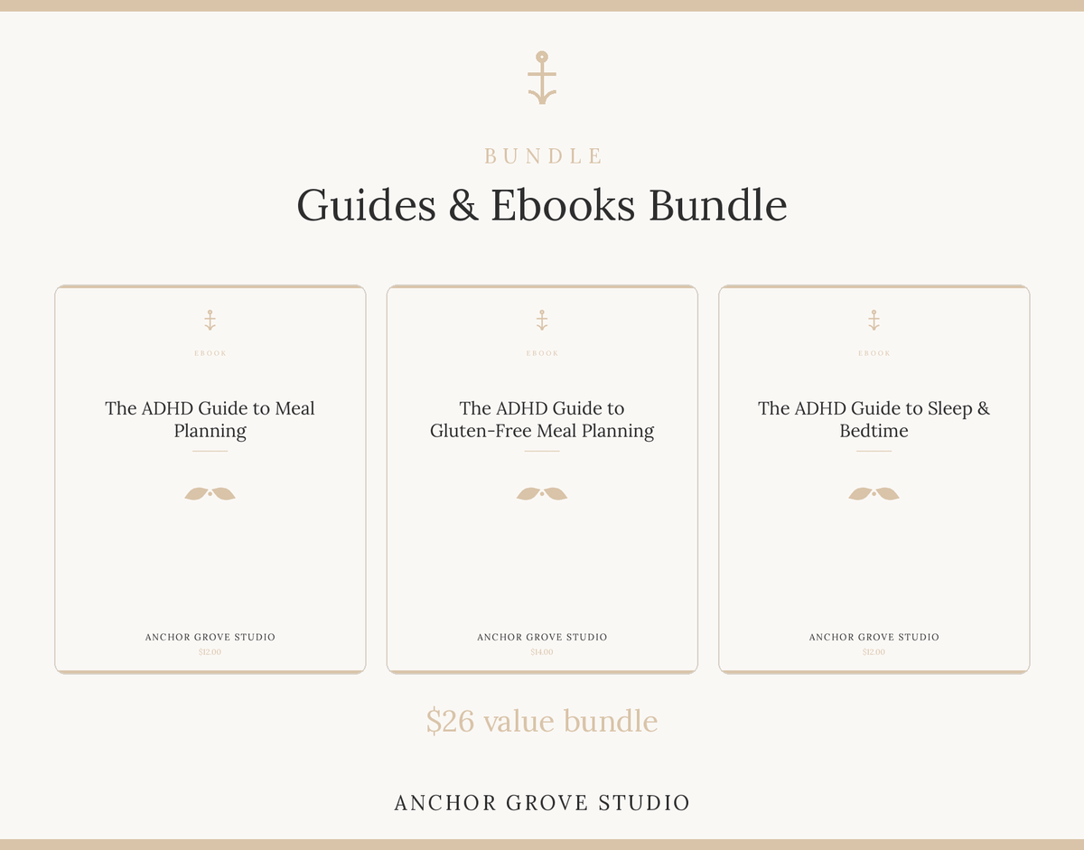 The ADHD Guide to Meal Planning in a bundle with other guides and ebooks for ADHD support.