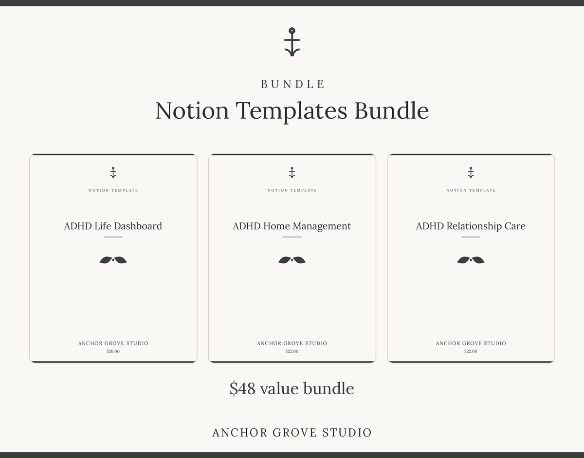 Image of ADHD Home Management, ADHD Life Dashboard, and ADHD Relationship Care in Notion Templates Bundle.