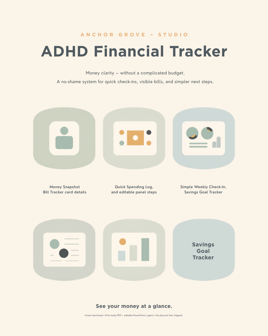 ADHD Financial Tracker Money Snapshot ADHD Financial Tracker — money snapshot, bill tracker, spending log, weekly check-in, and savings goal tracker