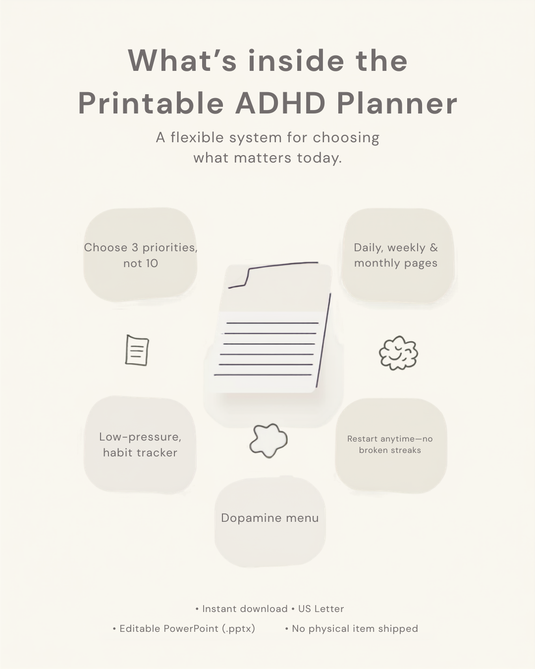 Printable ADHD Planner No-Shame Daily System— what’s inside: Top 3 priorities, planning pages, brain dump, habit tracker, and dopamine menu