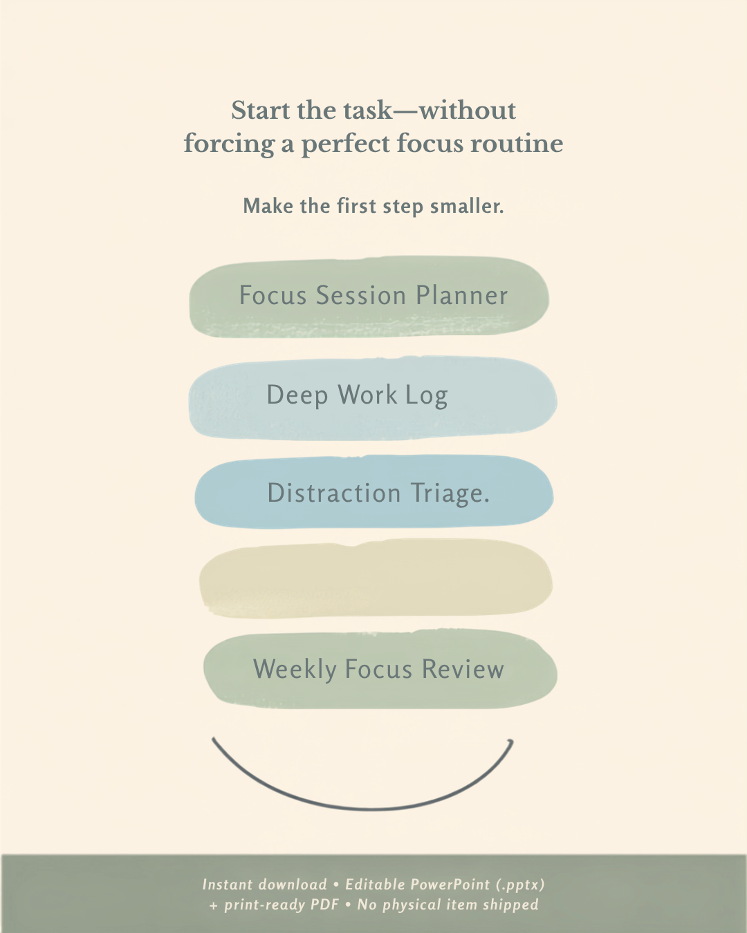 ADHD Focus & Deep Work System Task Initiation Planner showing focus tools like Focus Session Planner and Weekly Review.