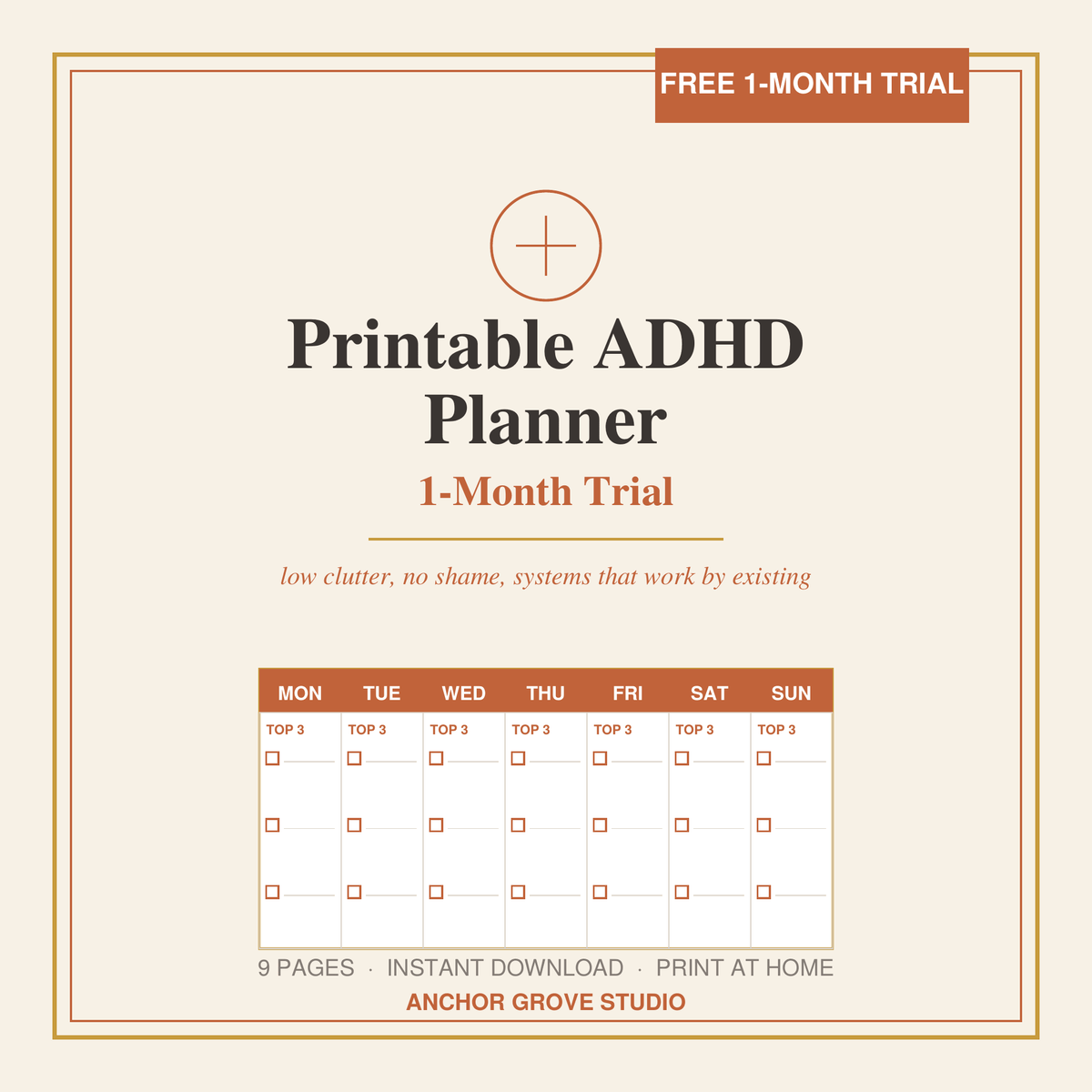 1 Month Printable ADHD Planner Trial low-clutter printable showing weekly layout with Top 3 tasks for each day.