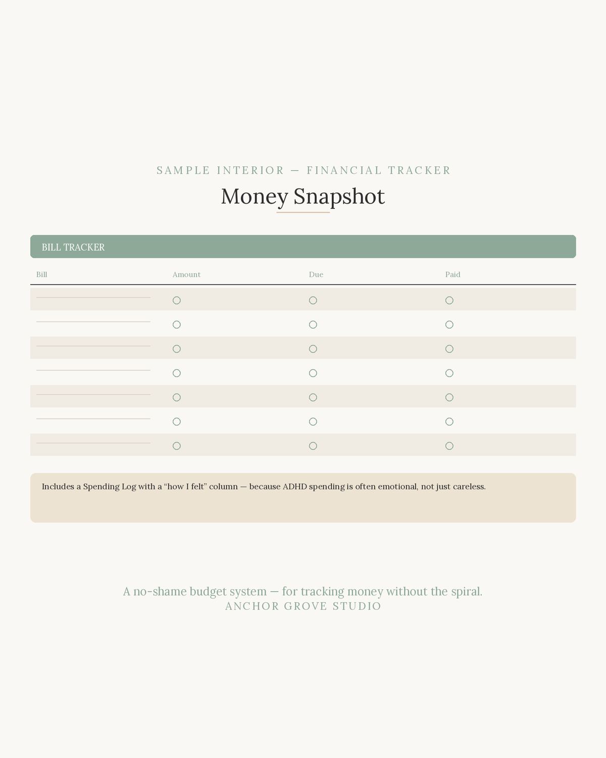 ADHD Financial Tracker Money Snapshot —ADHD Financial Tracker  sample interior page