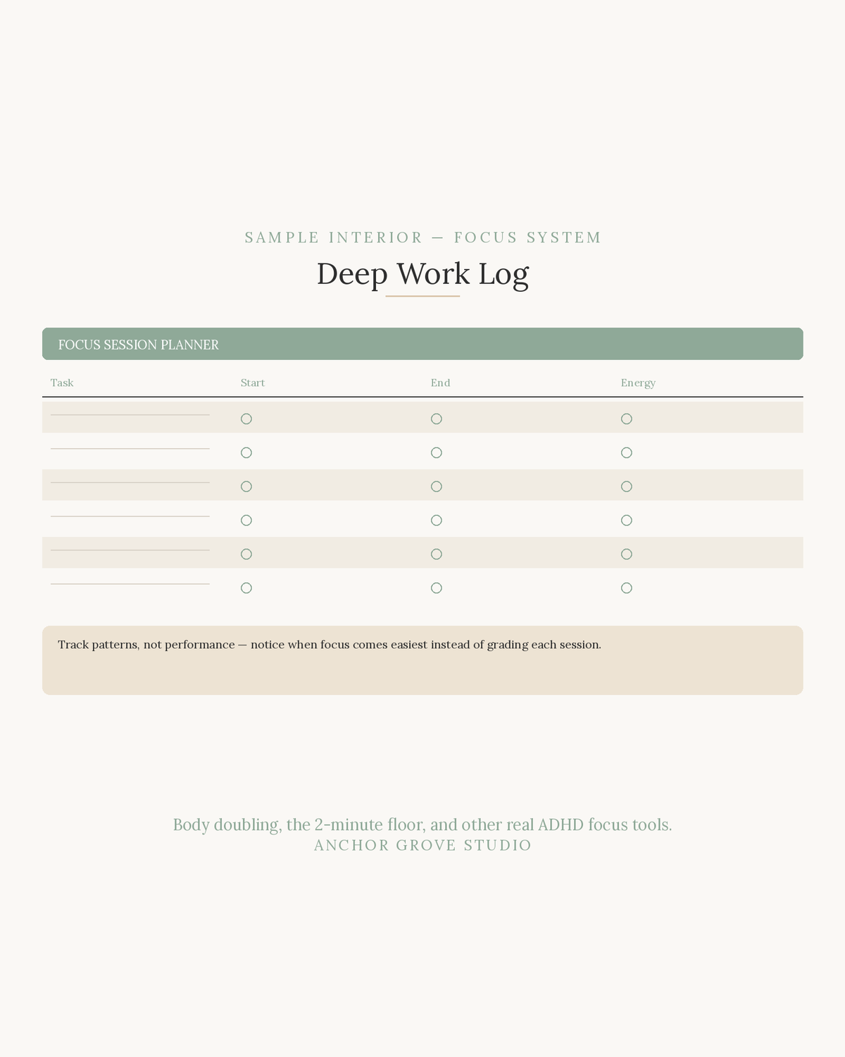 Sample interior of ADHD Focus & Deep Work System Task Initiation Planner with focus session log.
