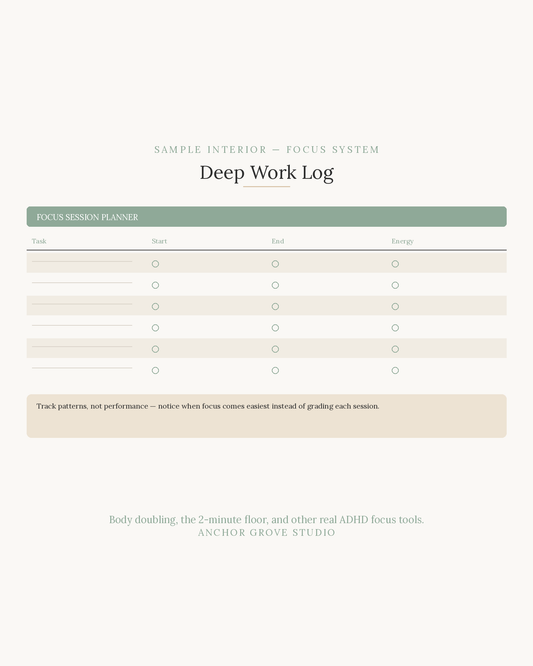 Sample interior of ADHD Focus & Deep Work System Task Initiation Planner with focus session log.