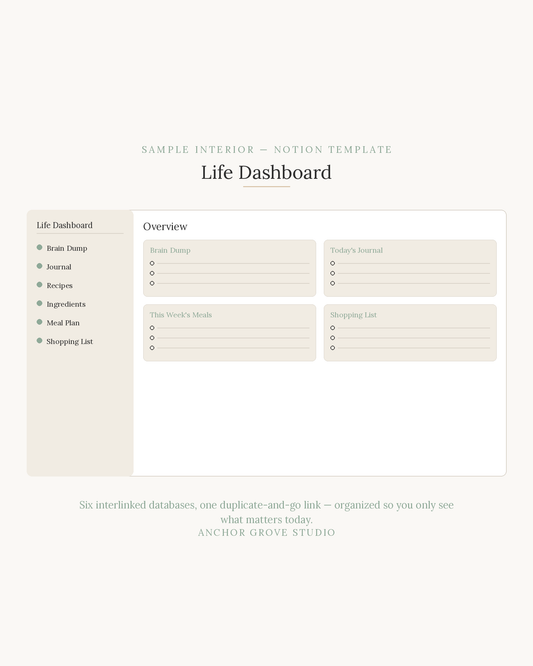 ADHD Life Dashboard Notion Template sample interior showcasing overview and interlinked databases for better daily management.
