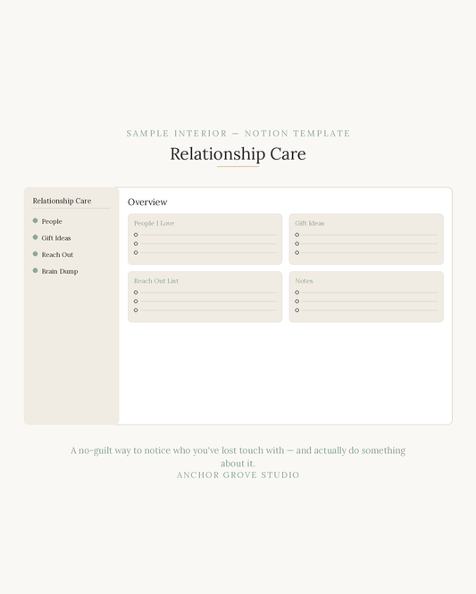 Sample interior of the ADHD Relationship Care Notion Template featuring sections for relationships, gift ideas, and notes.