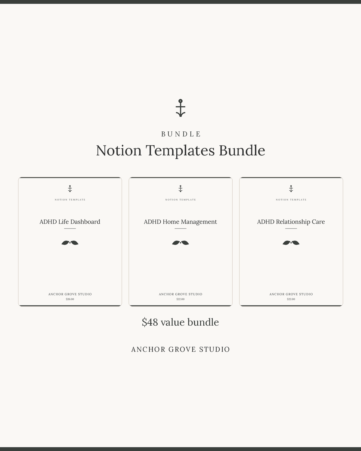 Image of Notion Templates Bundle featuring ADHD Life Dashboard, ADHD Home Management, and ADHD Relationship Care.