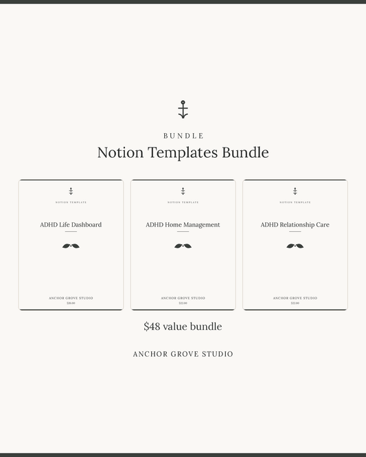 Image of Notion Templates Bundle featuring ADHD Life Dashboard, ADHD Home Management, and ADHD Relationship Care.