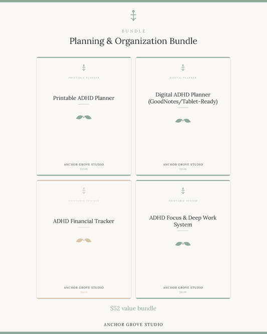 ADHD Productivity Focus Bundle Digital ADHD Planner displayed in a planning and organization bundle.