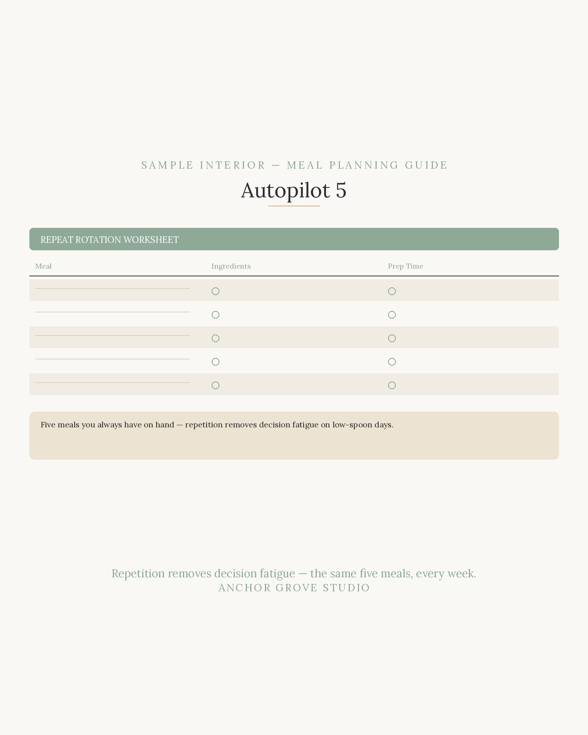 Sample interior of The ADHD Guide to Meal Planning No-Decision Meals showcasing the Autopilot 5 worksheet.