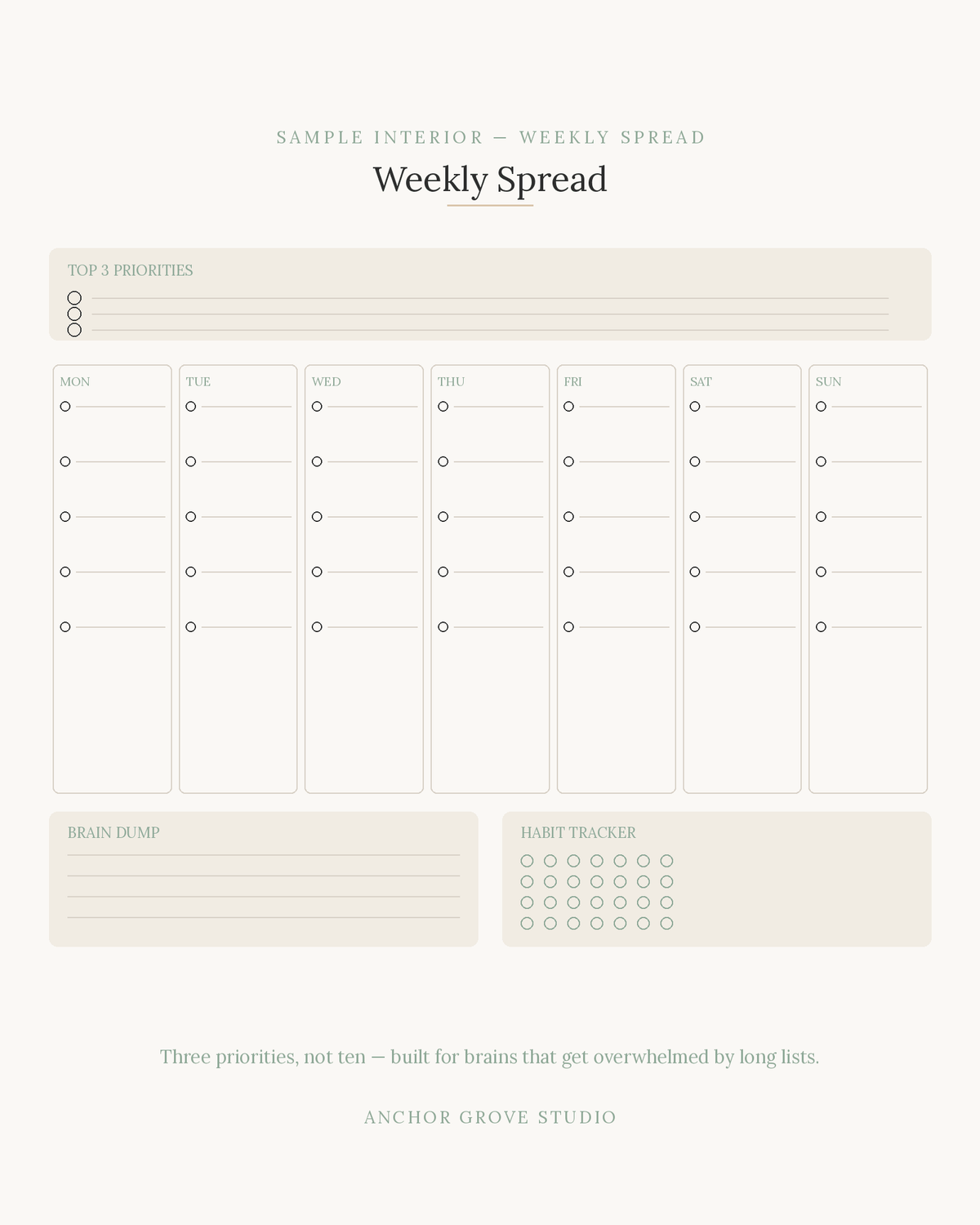 Sample interior of 1 Month Printable ADHD Planner Trial low-clutter printable showing weekly spread layout.