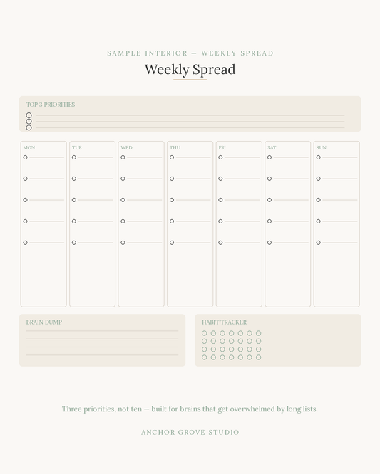 Sample interior of 1 Month Printable ADHD Planner Trial low-clutter printable showing weekly spread layout.
